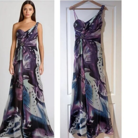 La Femme | One-Shoulder Butterfly Print Occasion Dress - Picture 1 of 16